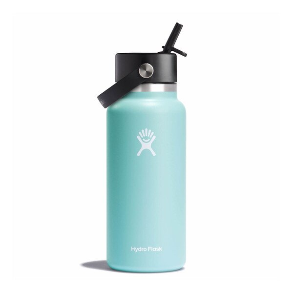 A light blue 32 ounce stainless steel Hydroflask water bottle with straw lid and handle strap.